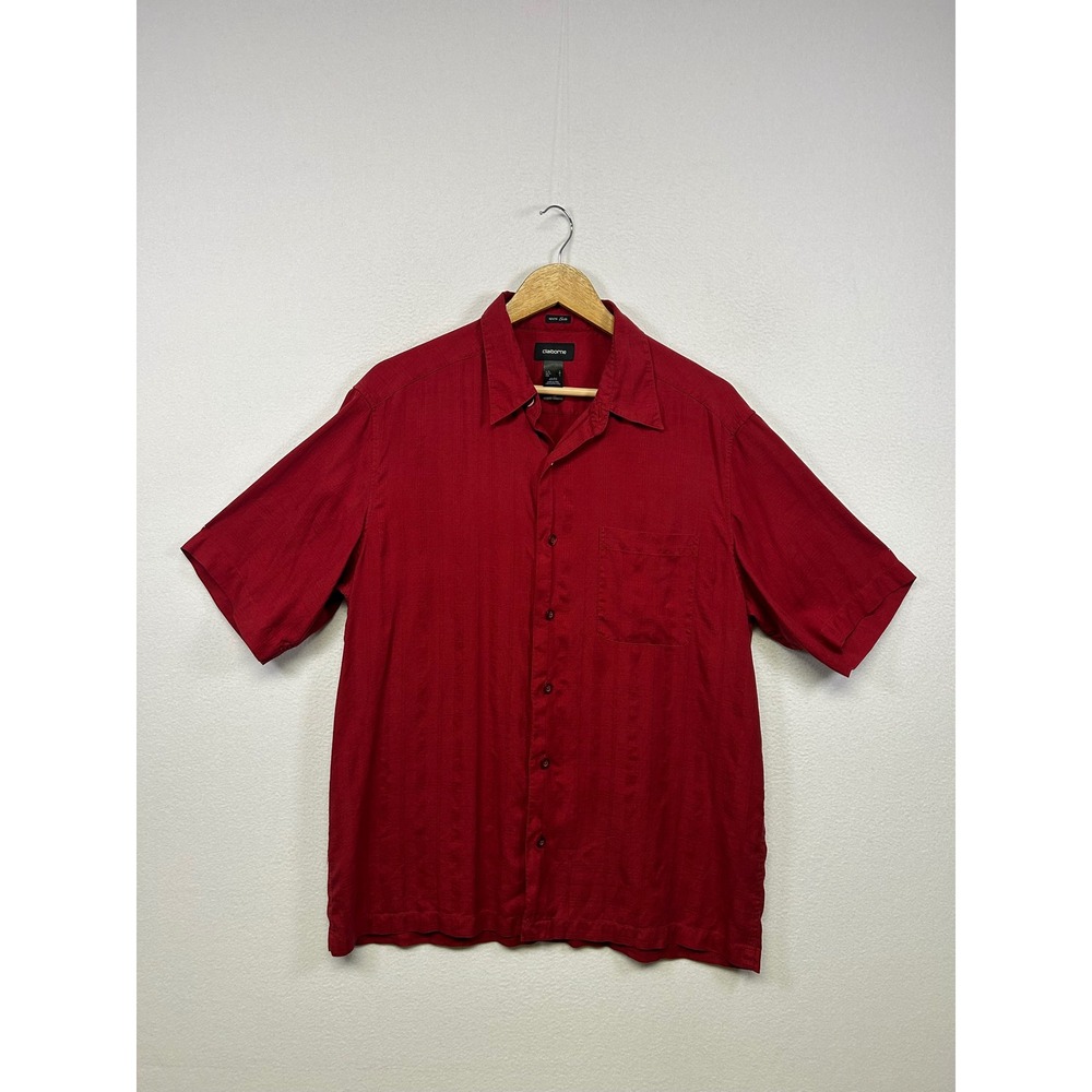 Claiborne Luxury Silkcore Mens Large Red Silk Jacquard Short Sleeve Camp Shirt